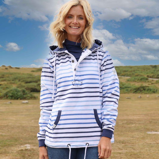LJ36 - Button Neck Hooded Sweatshirt - Stripe