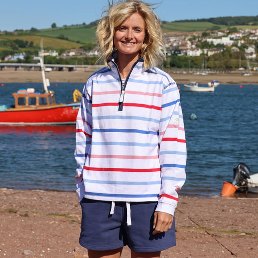 LJ35 - Ladies 1/4 Zip Striped Sweatshirt - Red