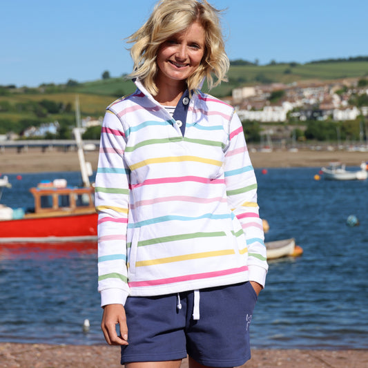 LJ6 - Ladies Striped Button Neck Sweatshirt - Brights