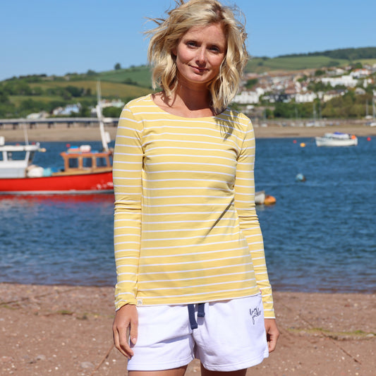 LJ97 - Ladies Long Sleeve Stripe Breton Top - Lemon