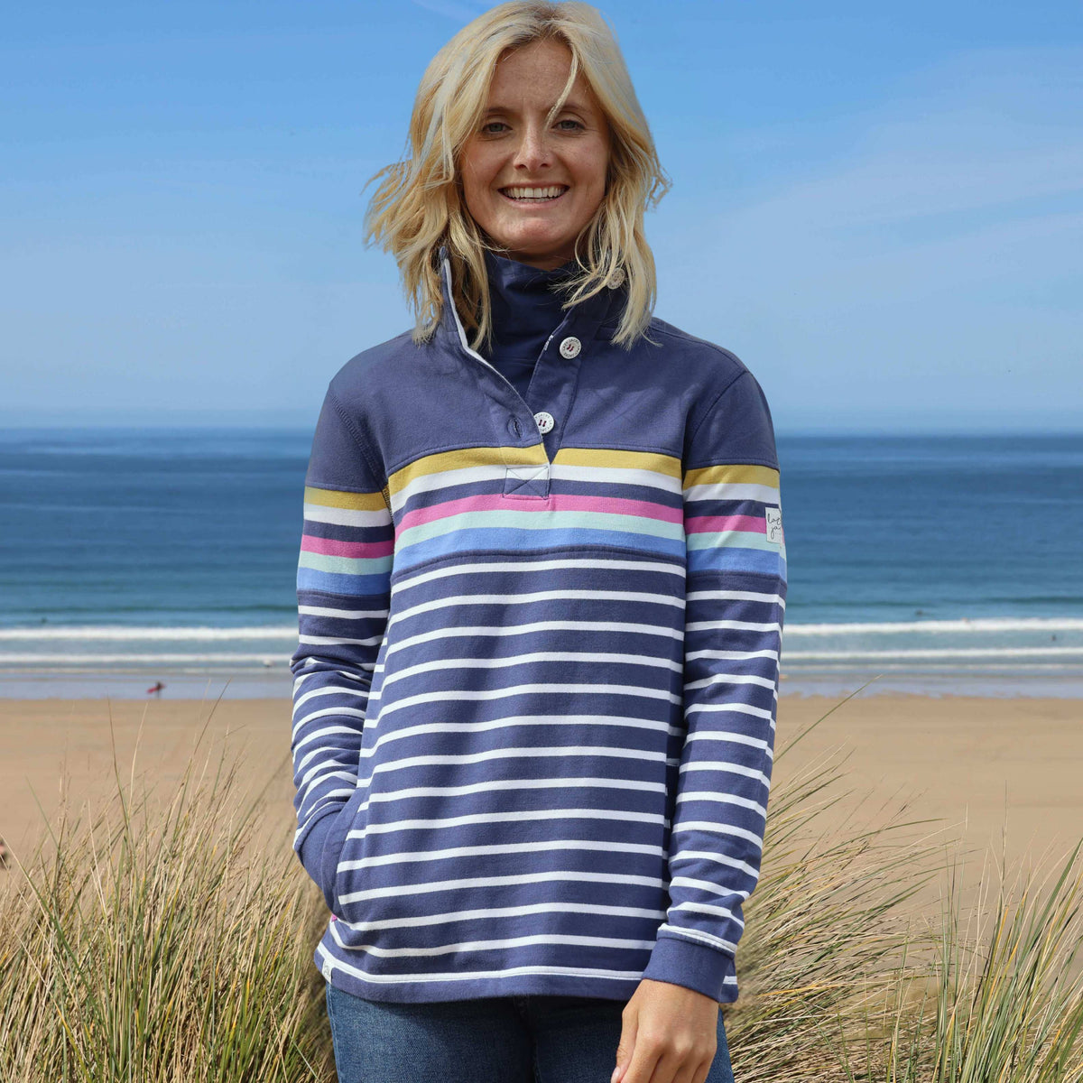 LJ6 - Striped Button Neck Sweatshirt - Prism