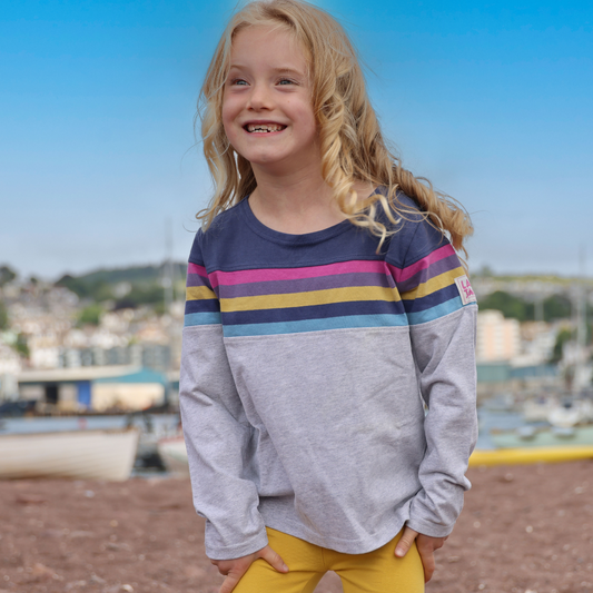 LJ97C - Girls' Striped Breton Top - Grey Marl
