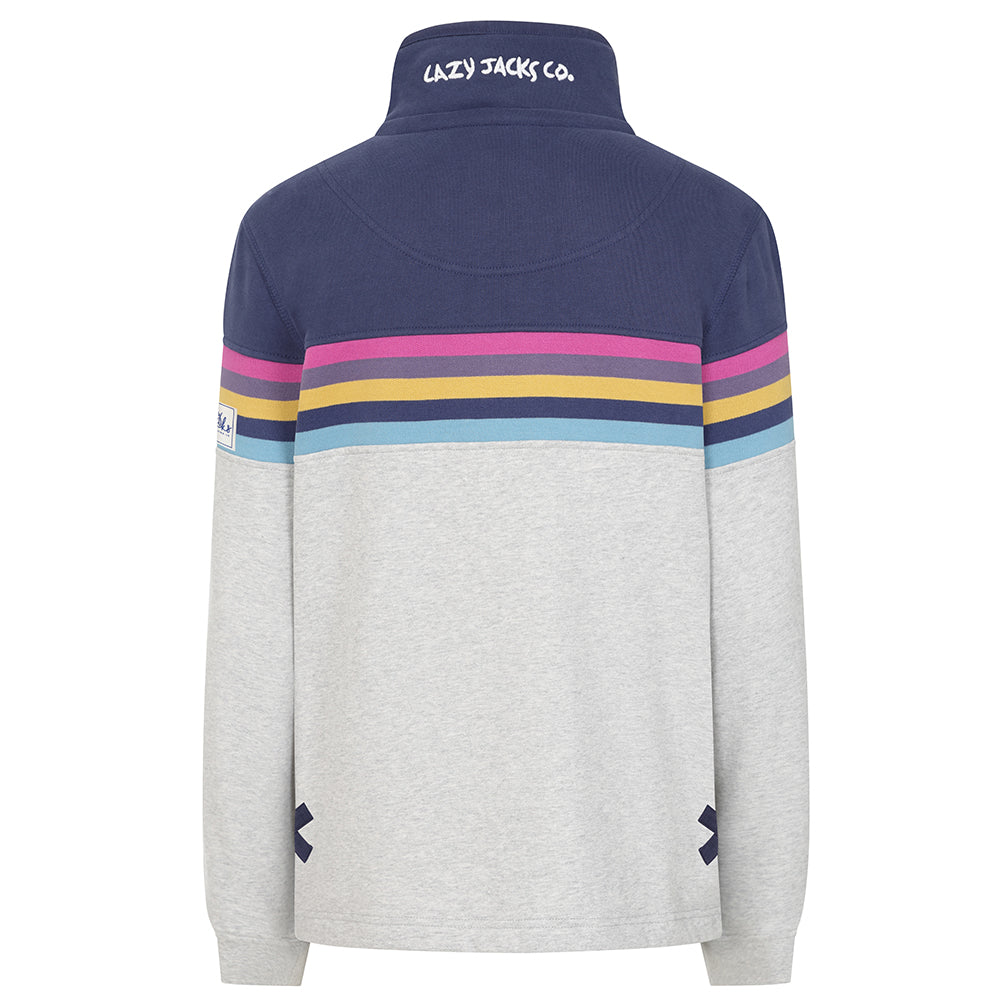 LJ6 - Striped Button Neck Sweatshirt - Grey Marle