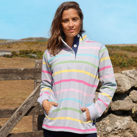LJ6 - Striped Button Neck Sweatshirt - Winter Brights