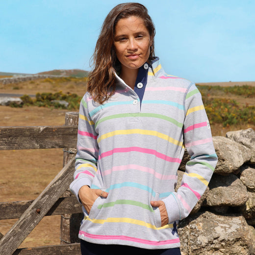 LJ6 - Striped Button Neck Sweatshirt - Winter Brights