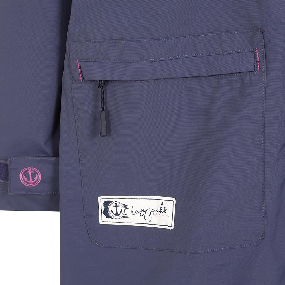 LJ67 - Ladies Longline Waterproof Coat - Twilight With Pink Embroidery