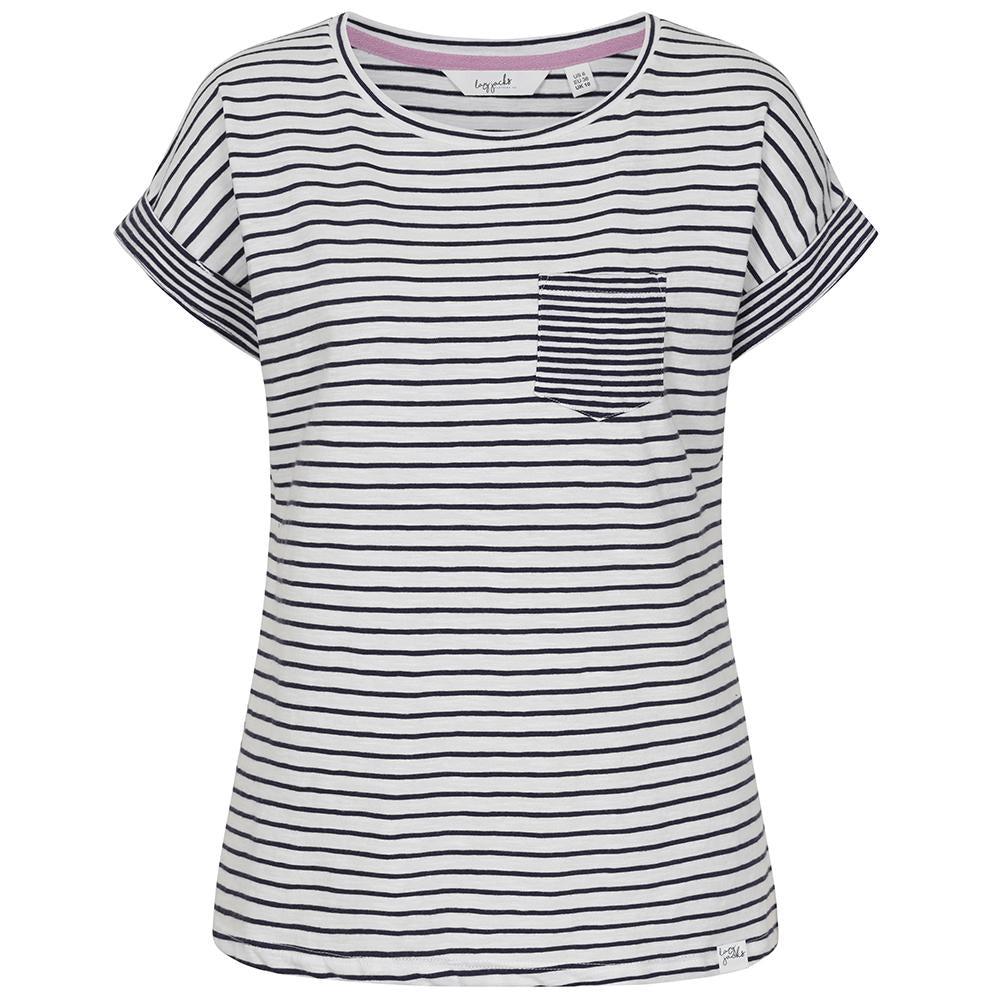LJ162 - Ladies Striped Roll Sleeve Tee - White